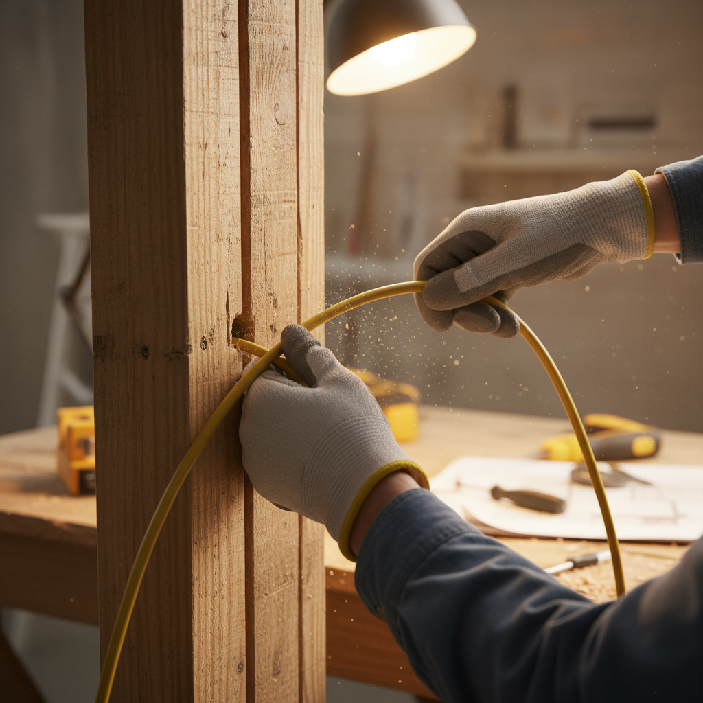 Electrician routing wire through wall studs